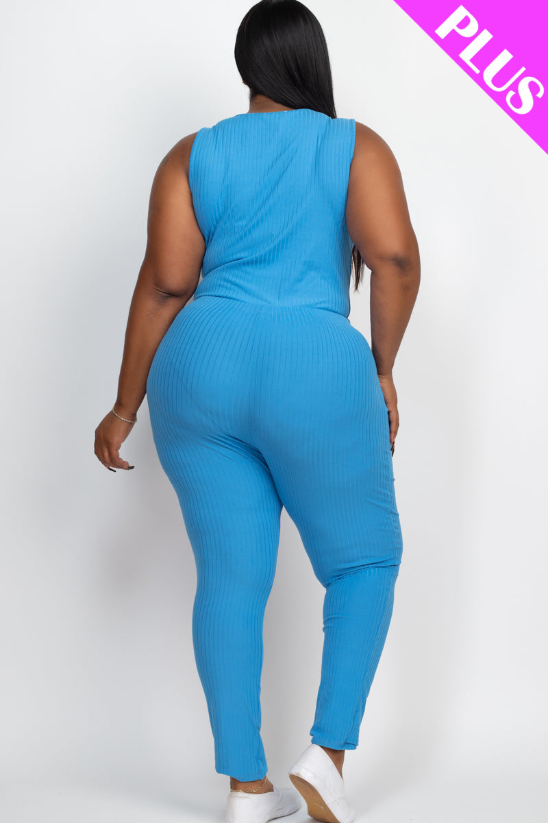 Plus Size Ribbed Sleeveless Drawstring Jumpsuit - Capella Apparel Wholesale