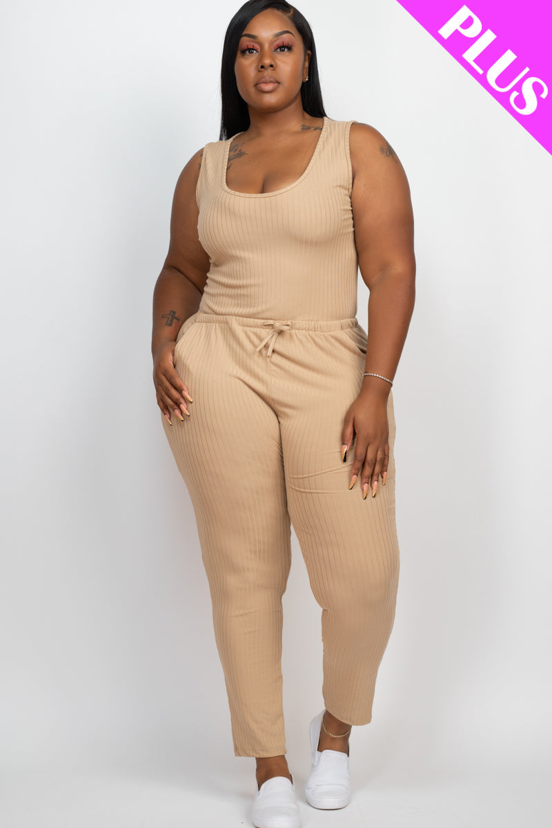 Plus Size Ribbed Sleeveless Drawstring Waist Jumpsuit (CAPELLA) - Capella Apparel