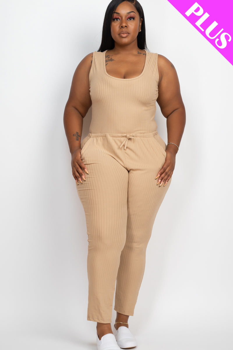 Plus Size Ribbed Sleeveless Drawstring Jumpsuit - Capella Apparel Wholesale