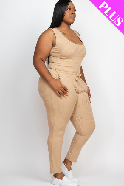 Plus Size Ribbed Sleeveless Drawstring Jumpsuit - Capella Apparel Wholesale