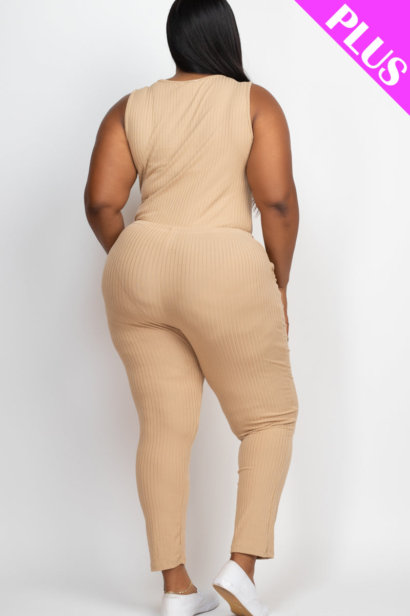 Plus Size Ribbed Sleeveless Drawstring Jumpsuit - Capella Apparel Wholesale