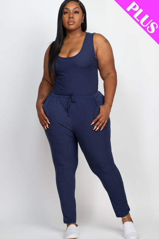 Plus Size Ribbed Sleeveless Drawstring Jumpsuit - Capella Apparel Wholesale