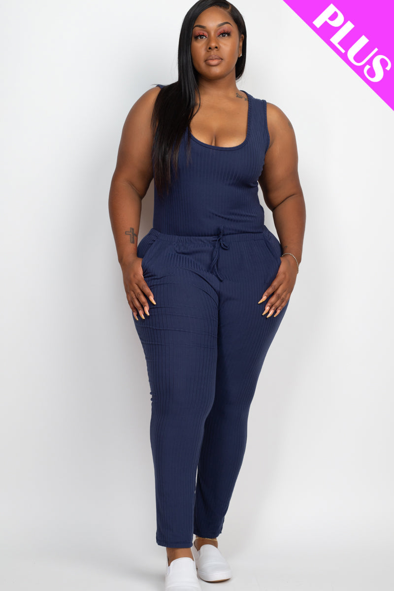 Plus Size Ribbed Sleeveless Drawstring Waist Jumpsuit (CAPELLA) - Capella Apparel