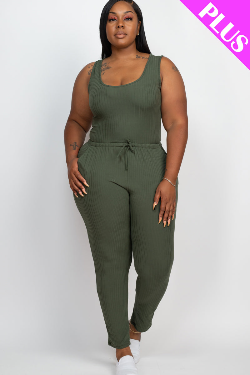 Plus Size Ribbed Sleeveless Drawstring Jumpsuit - Capella Apparel Wholesale