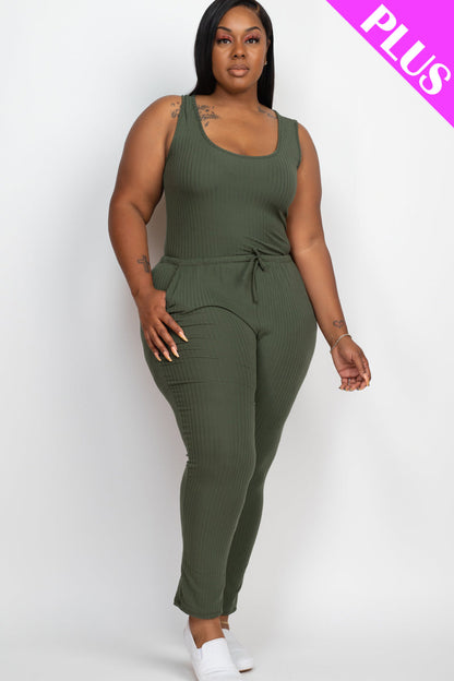 Plus Size Ribbed Sleeveless Drawstring Waist Jumpsuit (CAPELLA) - Capella Apparel