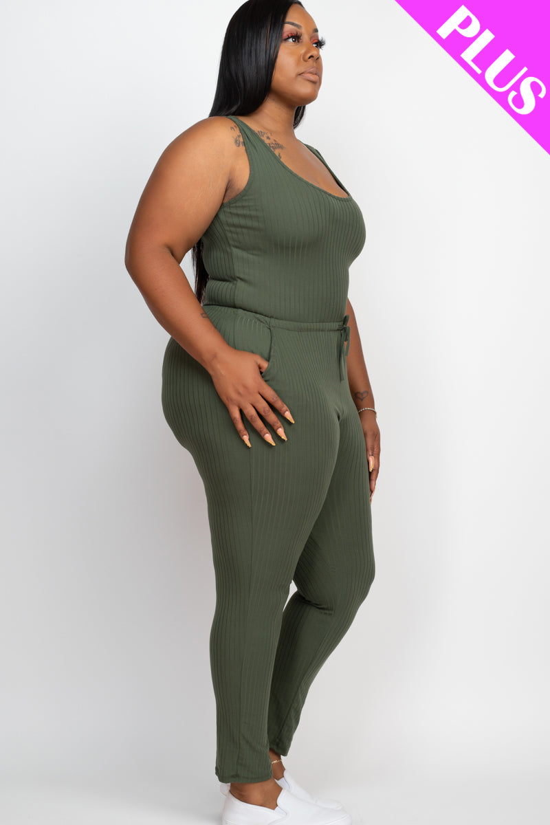 Plus Size Ribbed Sleeveless Drawstring Waist Jumpsuit (CAPELLA) - Capella Apparel