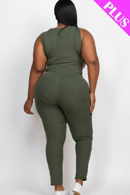 Plus Size Ribbed Sleeveless Drawstring Waist Jumpsuit (CAPELLA) - Capella Apparel