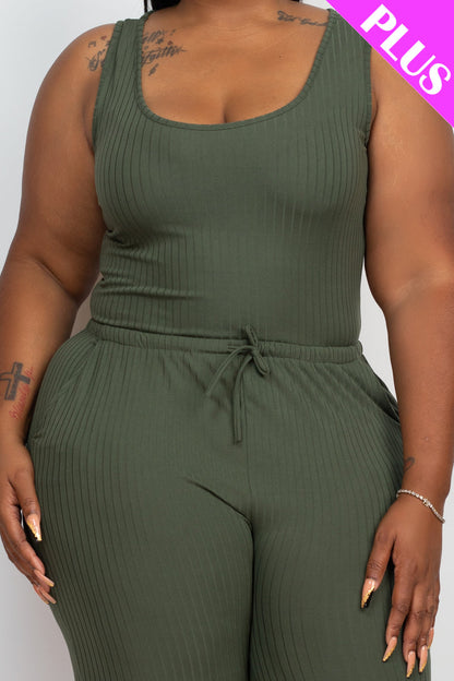 Plus Size Ribbed Sleeveless Drawstring Waist Jumpsuit (CAPELLA) - Capella Apparel