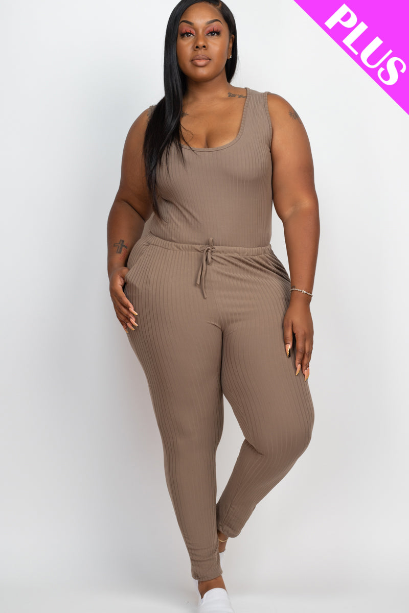 Plus Size Ribbed Sleeveless Drawstring Jumpsuit - Capella Apparel Wholesale