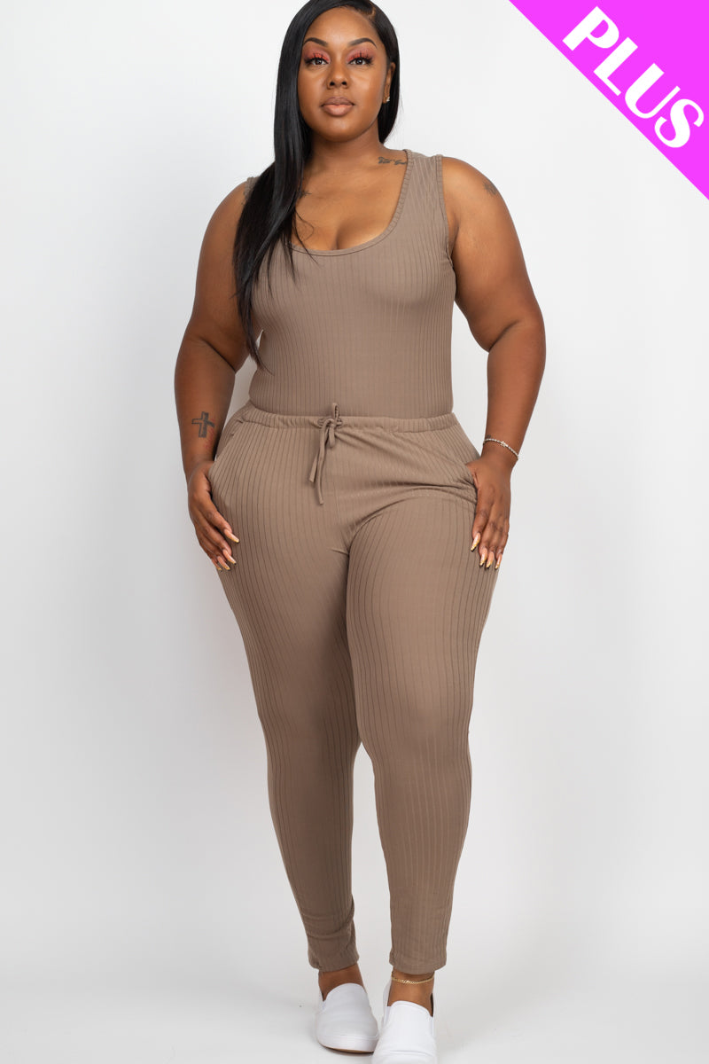 Plus Size Ribbed Sleeveless Drawstring Jumpsuit - Capella Apparel Wholesale