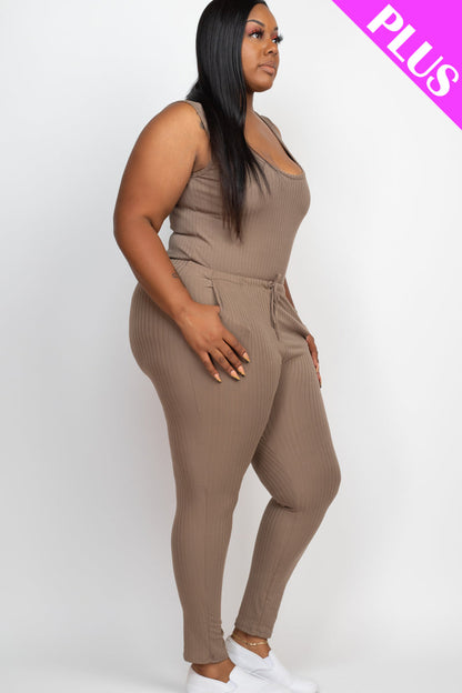 Plus Size Ribbed Sleeveless Drawstring Waist Jumpsuit (CAPELLA) - Capella Apparel