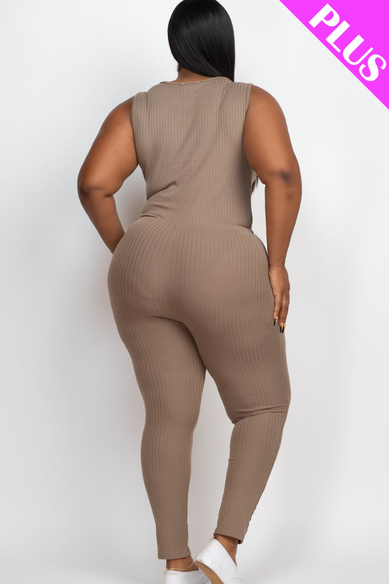 Plus Size Ribbed Sleeveless Drawstring Waist Jumpsuit (CAPELLA) - Capella Apparel