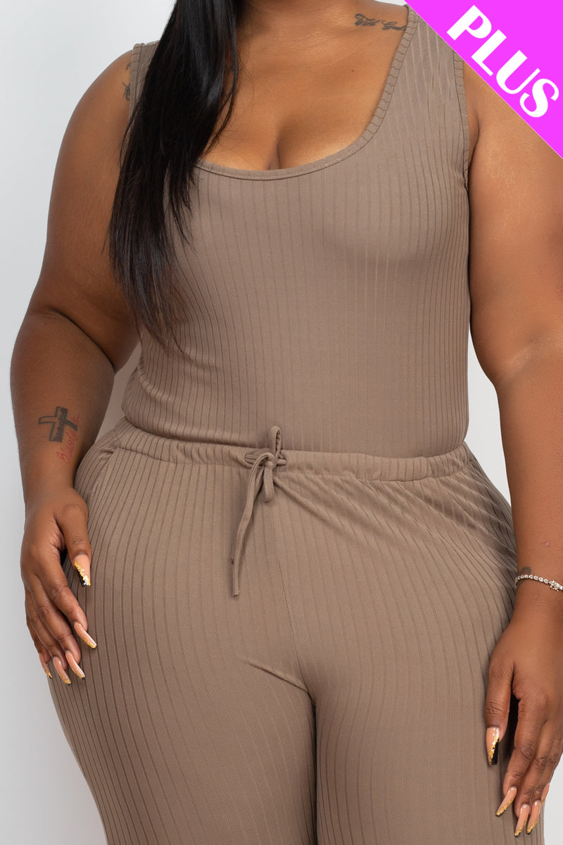 Plus Size Ribbed Sleeveless Drawstring Waist Jumpsuit (CAPELLA) - Capella Apparel