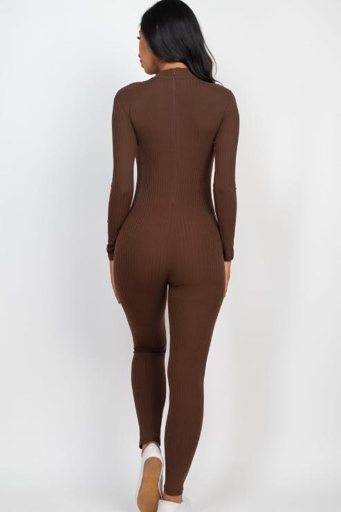 Ribbed Mock Neck Long Sleeve Casual Jumpsuit - Capella Apparel