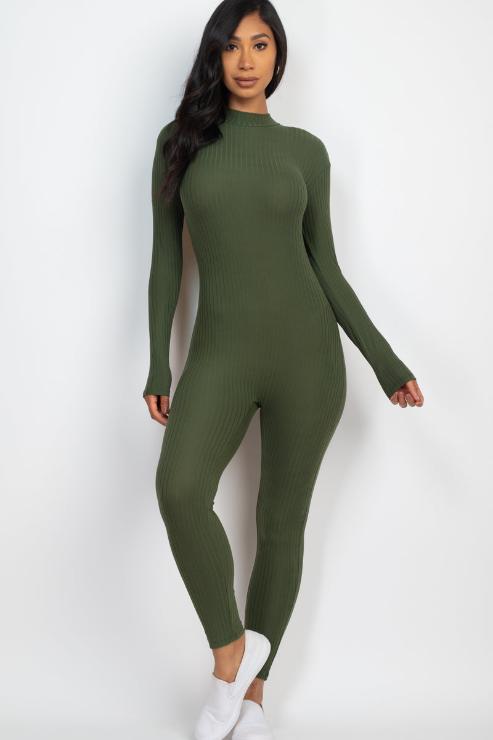 Ribbed Mock Neck Long Sleeve Casual Jumpsuit - Capella Apparel
