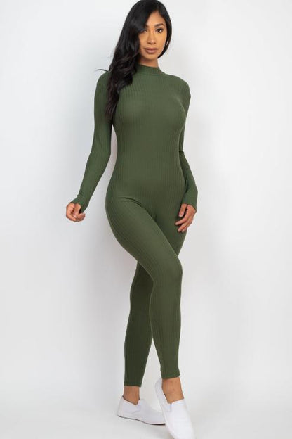 Ribbed Mock Neck Long Sleeve Casual Jumpsuit - Capella Apparel