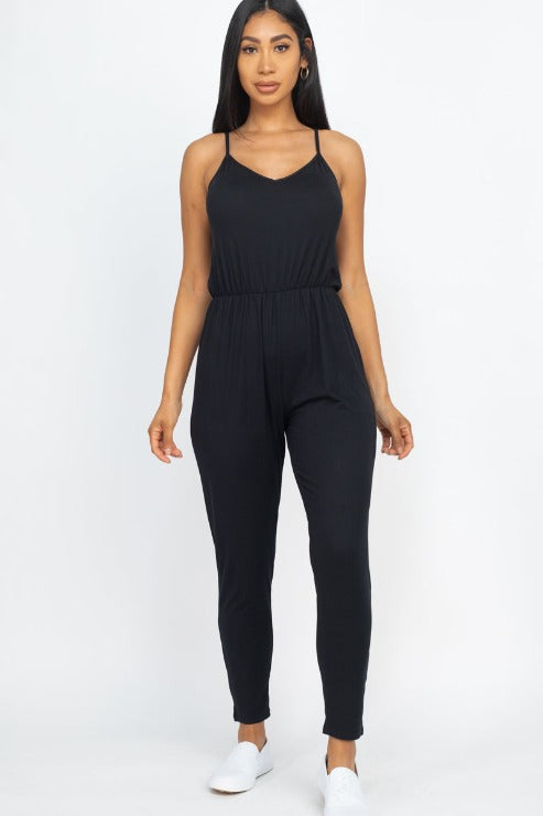 Solid Spaghetti Strap Elastic Waist Jumpsuit - Wholesale Capella Apparel