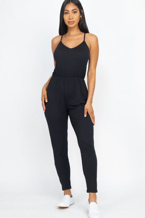 Solid Spaghetti Strap Elastic Waist Jumpsuit - Wholesale Capella Apparel