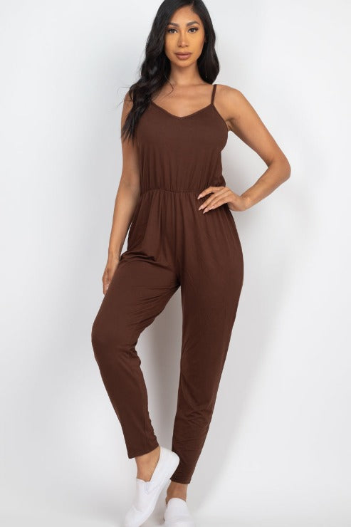 Solid Spaghetti Strap Elastic Waist Jumpsuit - Wholesale Capella Apparel