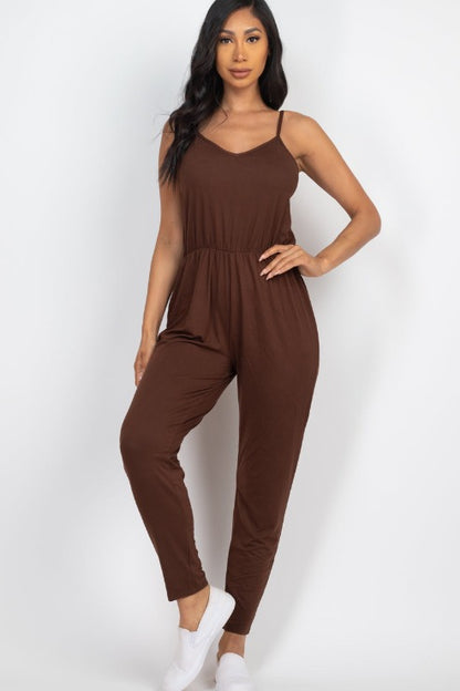 Solid Spaghetti Strap Elastic Waist Jumpsuit - Wholesale Capella Apparel