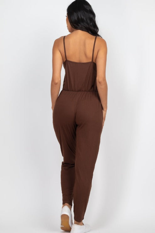 Solid Spaghetti Strap Elastic Waist Jumpsuit - Wholesale Capella Apparel