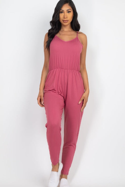 Solid Spaghetti Strap Elastic Waist Jumpsuit - Wholesale Capella Apparel