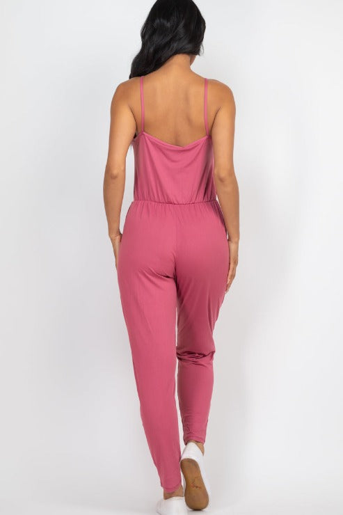 Solid Spaghetti Strap Elastic Waist Jumpsuit - Wholesale Capella Apparel