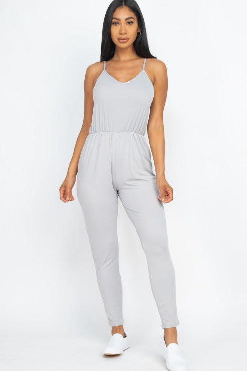 Solid Spaghetti Strap Elastic Waist Jumpsuit - Wholesale Capella Apparel