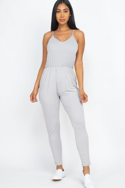 Solid Spaghetti Strap Elastic Waist Jumpsuit - Wholesale Capella Apparel