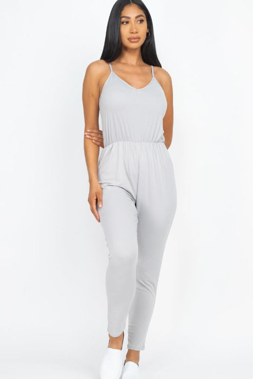 Solid Spaghetti Strap Elastic Waist Jumpsuit - Wholesale Capella Apparel