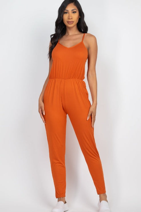 Solid Spaghetti Strap Elastic Waist Jumpsuit (CAPELLA) - Capella Apparel