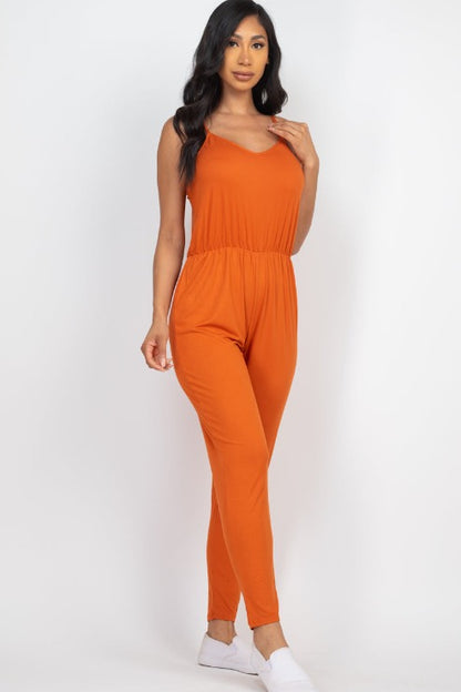 Solid Spaghetti Strap Elastic Waist Jumpsuit - Wholesale Capella Apparel