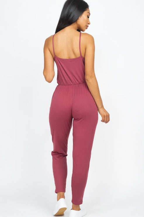 Solid Spaghetti Strap Elastic Waist Jumpsuit - Wholesale Capella Apparel