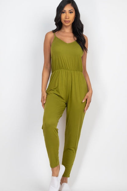 Solid Spaghetti Strap Elastic Waist Jumpsuit - Wholesale Capella Apparel