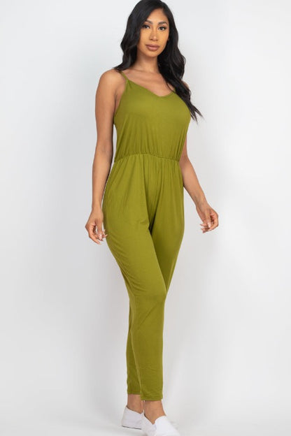 Solid Spaghetti Strap Elastic Waist Jumpsuit - Wholesale Capella Apparel