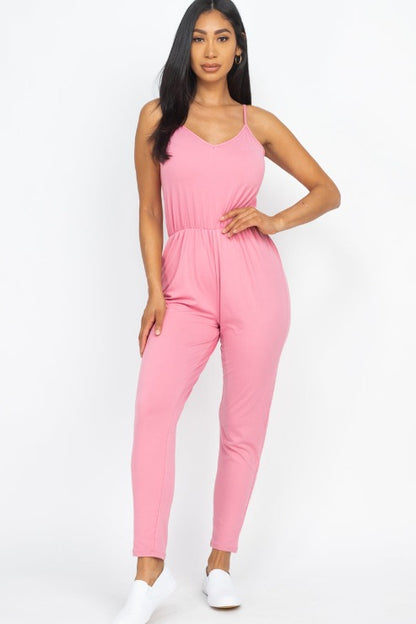 Solid Spaghetti Strap Elastic Waist Jumpsuit - Wholesale Capella Apparel