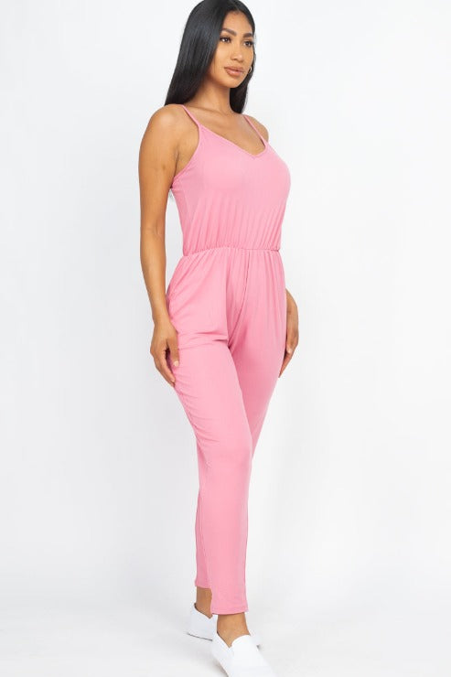 Solid Spaghetti Strap Elastic Waist Jumpsuit - Wholesale Capella Apparel