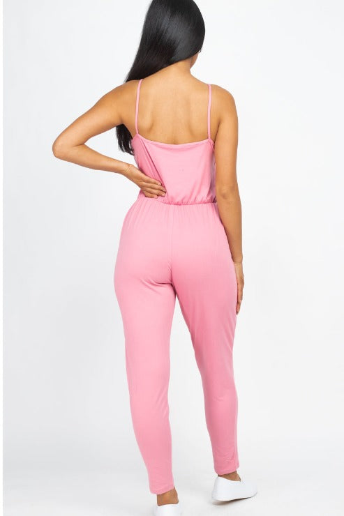 Solid Spaghetti Strap Elastic Waist Jumpsuit - Wholesale Capella Apparel