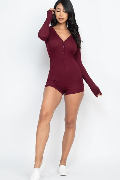 Ribbed Button Neck Long Sleeve Bodycon Romper - Wholesale Capella Apparel