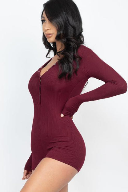 Ribbed Button Neck Long Sleeve Bodycon Romper - Wholesale Capella Apparel