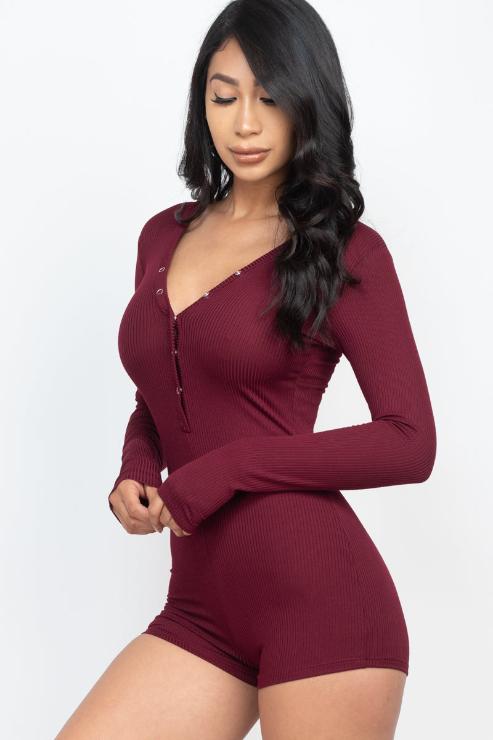 Ribbed Button Neck Long Sleeve Bodycon Romper - Wholesale Capella Apparel