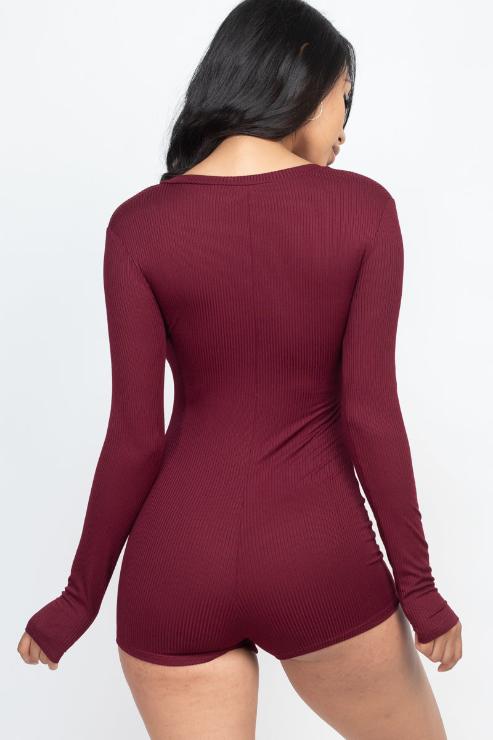 Ribbed Button Neck Long Sleeve Bodycon Romper - Wholesale Capella Apparel