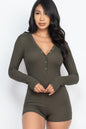 Ribbed Button Neck Long Sleeve Bodycon Romper - Wholesale Capella Apparel