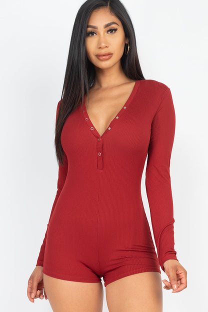 Ribbed Button Neck Long Sleeve Bodycon Romper (CAPELLA) - Capella Apparel