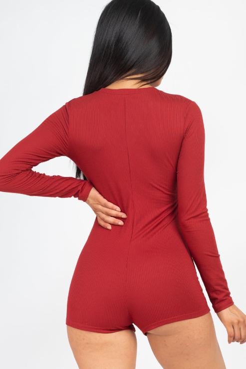 Ribbed Button Neck Long Sleeve Bodycon Romper - Wholesale Capella Apparel