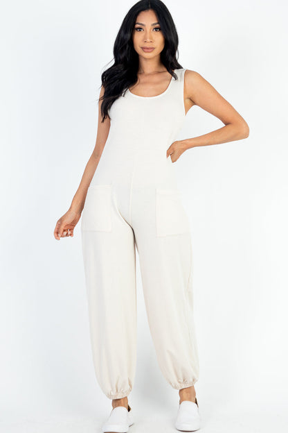 Casual Solid French Terry Sleeveless Scoop Neck Front Pocket Jumpsuit (CAPELLA) - Capella Apparel