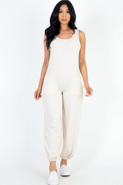 Casual Solid French Terry Sleeveless Scoop Neck Front Pocket Jumpsuit (CAPELLA) - Capella Apparel