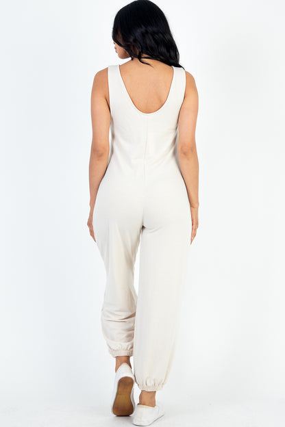 Casual Solid French Terry Sleeveless Scoop Neck Front Pocket Jumpsuit - Capella Apparel