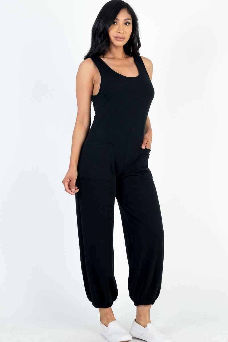 Casual Solid French Terry Sleeveless Scoop Neck Front Pocket Jumpsuit - Capella Apparel