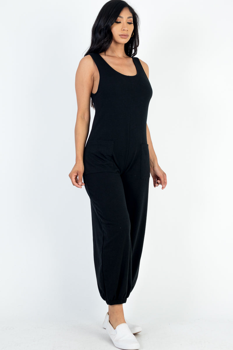 Casual Solid French Terry Sleeveless Scoop Neck Front Pocket Jumpsuit - Capella Apparel